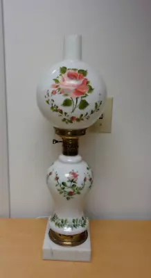 Vintage Slender Brass Milk Glass Lamp Handpainted Roses & Chimney & Marble Base • $39.99