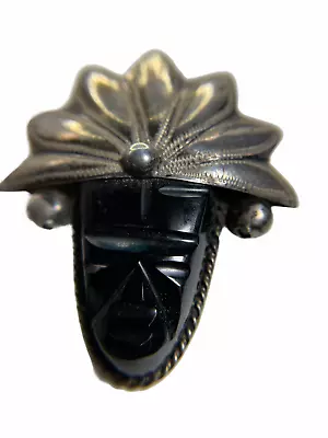 Mexico Sterling Silver Brooch Mayan Warrior Face Mask Headdress Black Onyx  • $49.99