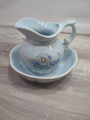 Vintage McCoy #7528 Pale Blue Water Pitcher & Basin Set W/ Purplish/Blue Flower • $14.40