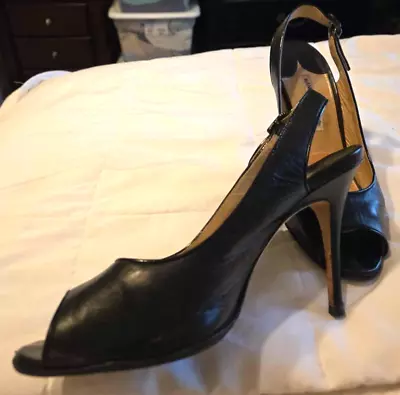 Manolo Blahnik Womens Stiletto Slingback Peep Toe Pumps Black Leather Size 40.5 • $65