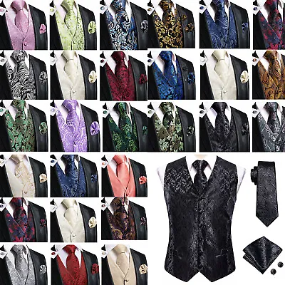 Hi-Tie Silk Mens Waistcoats Lapel Classic Sleeveless Regular Fit Vest Tie Set  • $21.99