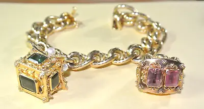 Vintage Mid Century Italian Etruscan Revival JEWELED Charm Bracelet 18KT GOLD 8” • $6500