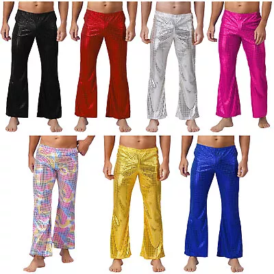 UK Men's Metallic Sequin Dots Flared Pants Elastic Waistband Disco Bell-Bottoms  • £7.89