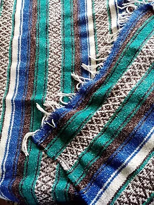 £10 • Buy Green Blue Black White Striped Mexican Ethnic Woven Falsa Yoga Blanket Recycled