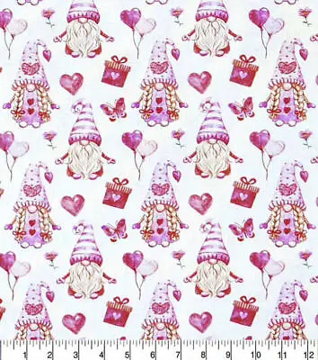 $10 • Buy Valentine Gnomes Hearts Balloons White Cotton Fabric By The Yard Free Ship