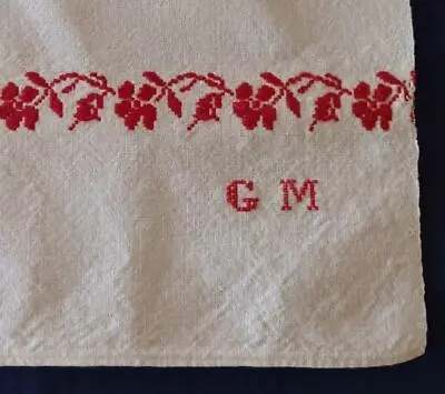 Antique Homespun French Linen Towel Red Embroidery Monogram Kitchen Dish • $29.99