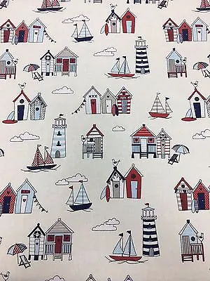 Happy Days Beach Hut Light House - 100% Cotton Fabric Material • £8.98