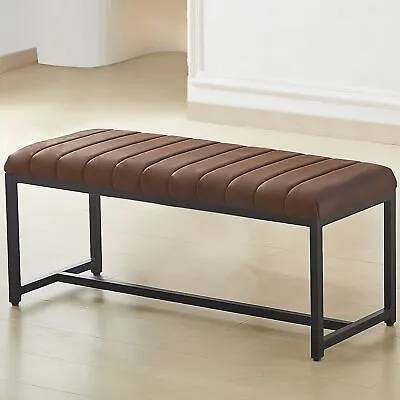 Brown Dining Bench Leather Effect Top Black Metal Legs (110cm) Industrial Style • £85.99