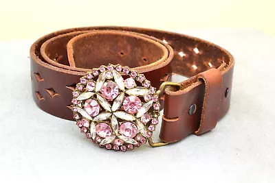 B-Low The Belt Brown Leather Belt Pink Clear Rhinestones Buckle Size 32 • $18.95