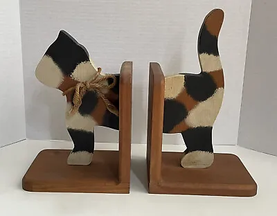 Vintage Wooden Cat Bookends Calico Handcrafted Folk Art Hand Painted 1989 • $24