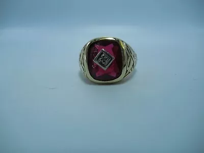 Vintage 10kt. Yellow Gold Man's Synthetic Ruby With A Diamond Ring. • $499
