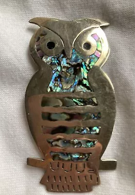 Sterling SIlver Large  Abalone Shell OWL Brooch Pin Pendant 3” Vintage • $24.99