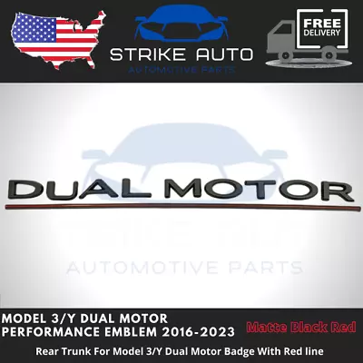 Tesla DUAL MOTOR MATTE BLACK With Red Emblem Model 3/Y Rear Trunk OEM Upgrade • $25.99