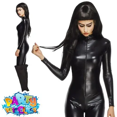 Ladies Catsuit Black Fever Miss Whiplash Costume Halloween Fancy Dress Outfit • £33.99