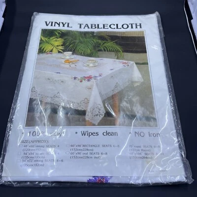 $15 • Buy Vintage Vinyl Tablecloth Floral Cross Stitch Lace Flowers Rectangle Crazy Cool!