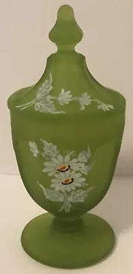 Vintage Westmoreland Satin Green Glass Hand Painted Flowers Lidded Dish • $15