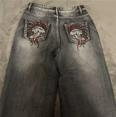 Affliction Style Jeans Skull Red Embroidery Y2K Grunge JNCO Baggy Vintage 30x30 • $65
