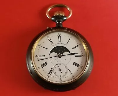 Vintage Swiss Calendrier Brevet Double Dial Calendar Moon Phase Pocket Watch • $2461.78