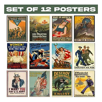 Set Of 12 World War I Memorabilia Posters Historic Military Wall Art Collection • £32.99