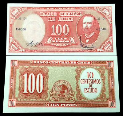 Chile 10 Centesimos On 100 Pesos 1960-61 Banknote World Paper Money UNC • $4.25