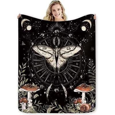 Moth Mushroom Gothic Flannel Blanket 50Wx60H Inch Gift Witchy Mysterious Moon... • $28.86