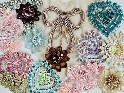 Job Lot Bundle 15 Sew On Beaded Sequinned Patches Flowers Hearts Lace Trims • £8.50