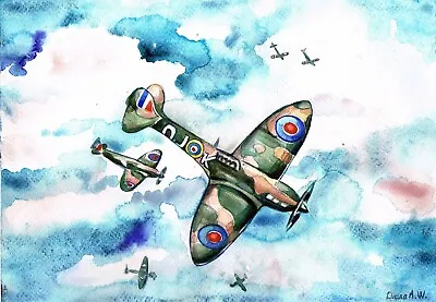 £34.99 • Buy Spitfire, Aviation, Supermarine Original Watercolour Painting N4  , Not A Print 