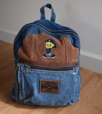 Vintage Looney Tunes Blues Tweety Bird Denim Backpack Leather Embroidery Y2K • $24.99