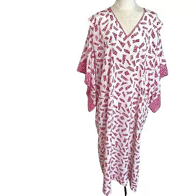 Vintage Womens Kaftan One Size Handmade Pullover Kimono Sleeve V Neck Pink White • $58.74