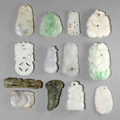 $22.50 • Buy 13Pc Vintage Chinese Carved Jadeite Jade Pendants Group Lot #14
