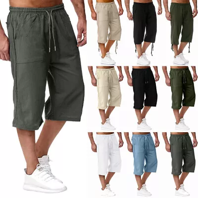 Mens Cotton Linen Cargo Shorts Elasticated Waist 3/4 Length Capri Cropped Pants • $16.17