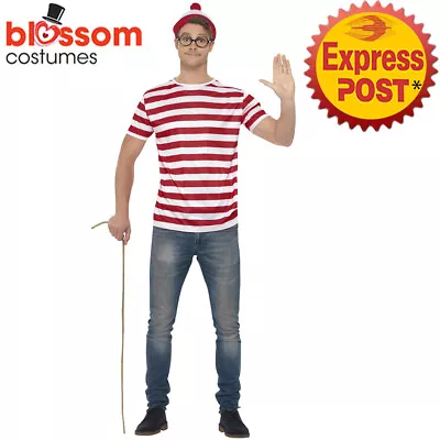 CA151 Mens Where's Wally Waldo Costume Kit Top Hat Glasses Book Week Outfit • $26.50