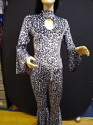 1970s Style Velvet Catsuit And Hat In Blue And White Leopard Print • £70