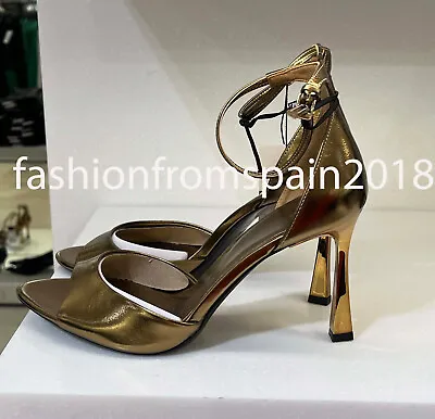 Zara New Woman Metallic High-heel Sandals With Ankle Strap Gold 35-42  2311/310 • $59.88