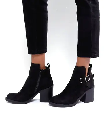 London Rebel Ladies UK 6 EU 39 Block Heeled Buckle Ankle Boots With Side Zip • £18.99