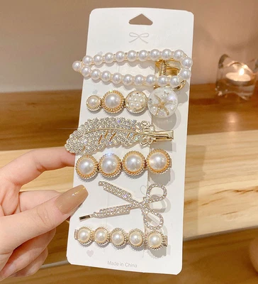 £2.95 • Buy 6Pcs/Set Rhinestone Hair Clips Leaves Feather Big Pearl Hairpins Barrette Clips