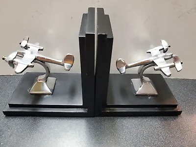 Gordons  Twin Prop Airplane Book Ends Black Wood Silver Metal • $41.25