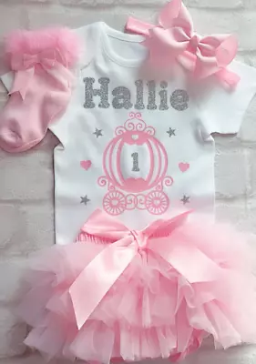 Personalised Princess Carriage Baby Girls 1st Birthday Tutu Knickers Outfit Pink • £9.99
