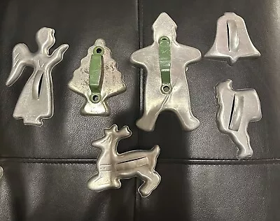 $9.99 • Buy 6 Vintage Aluminum Christmas Cookie Cutters. 2 With Green Metal Handles