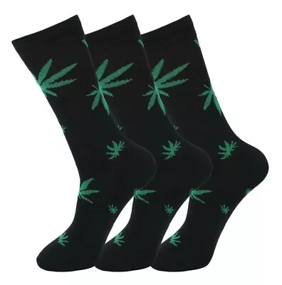 3 6 12 Pack Mens Weed Leaf Cotton Black Cannabis Ganja Marijuana Socks Size 6-11 • £5.99