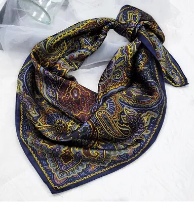 100 Silk Paisley Scarf Vintage Men Square Neckerchief Blue Cravat For Suit Shirt • $14.44