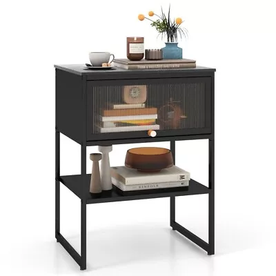 3 Tier Nightstand Office Flip Up Door Storage Shelf Lower Rack & Faux Marble Top • $53.96