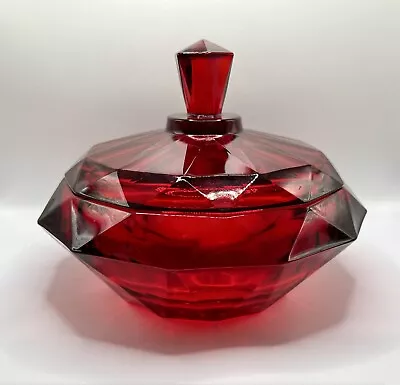 Vintage Viking Glass Epic Diamond Point Ruby Red Amberina Lidded Candy Dish • $75