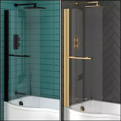 P Shaped Shower Bath Screen Black & Brushed Brass With Towel Rail - 6mm Glass • £249.99