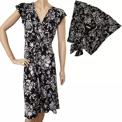 Women's Evan Picone Floral Surplice Sash Front Tie Short Sleeve Dress SZ 12P • $14.98