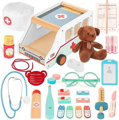 WOODMAM Wooden Doctor Kit For Kids 37pcs Pretend Play Medical Kit With Ambulance • £28.99