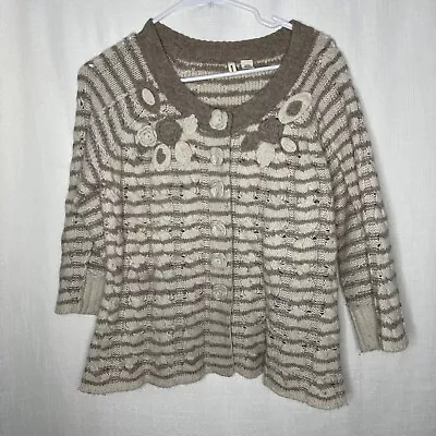 Anthropologie Moth Cardigan Size Large Wool Blend Knitted Stripe Flower Detail • $28.94