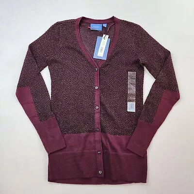 Simply Vera Wang Cardigan Women XS Burgundy Preppy Mesh Acadamia V Neck • $20