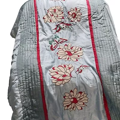 Queen Sized Comforter Blanket Butterlfies Retro Mod Floral Flowers Red Gray • $42.49