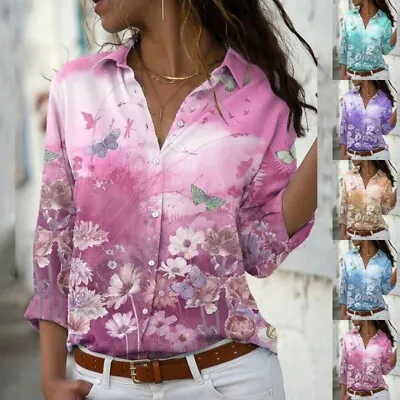 £17.11 • Buy Womens Long Sleeve Floral Shirt Ladies Casual Baggy Button-up Lapel Tops Blouse